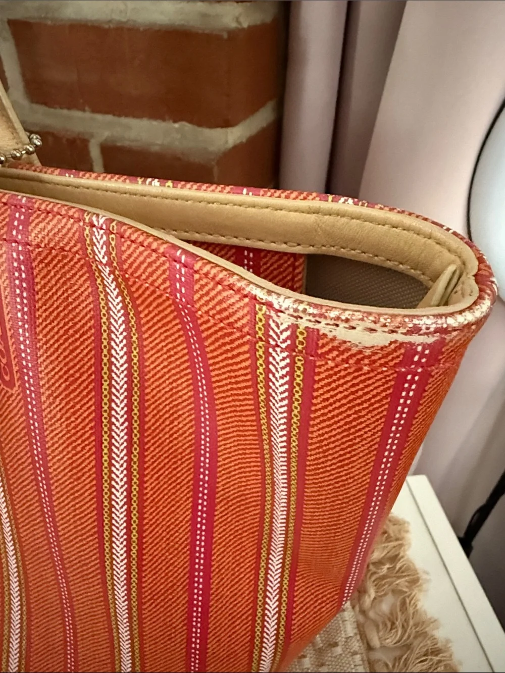 Coach Pink and Orange Striped Canvas Tote with Tan Leather Handles